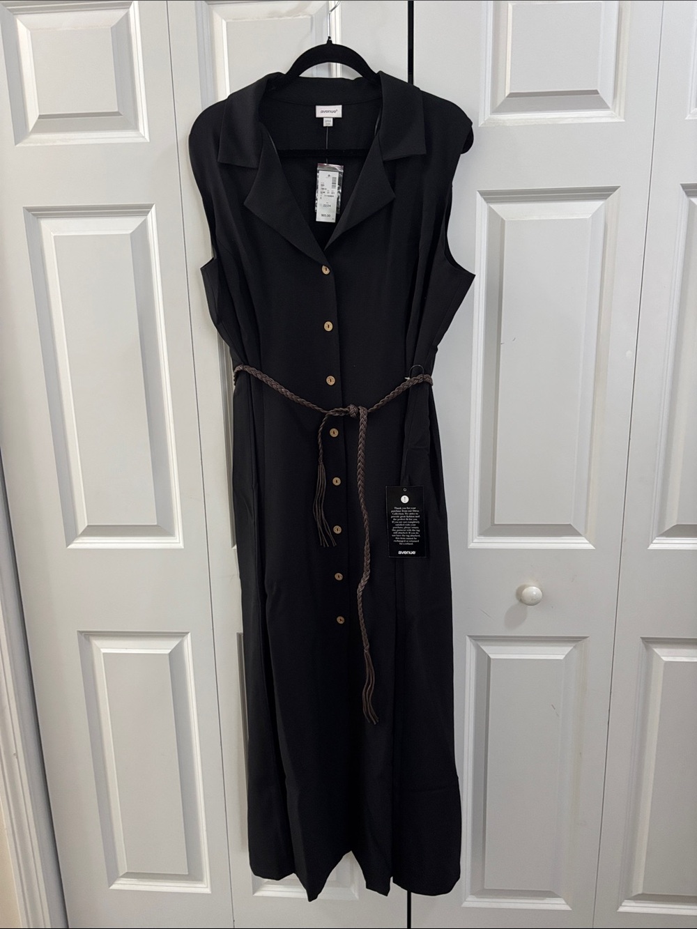 Avenue Black Sleeveless Button-Front Maxi Dress with Braided Tie belt
